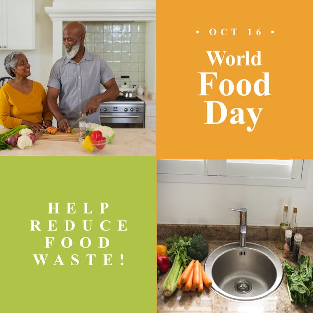 Image of food day over orange background and african american senior couple cutting vegetables. Food, nutrition, food production and reducing waste of food concept.