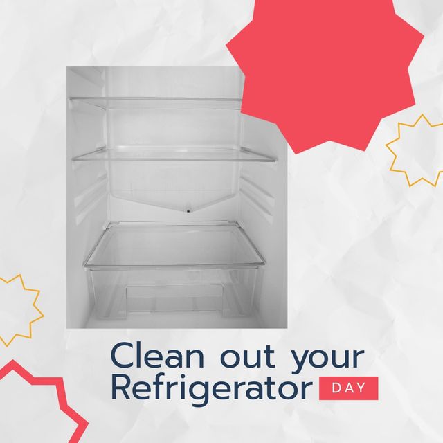 Square image of clean out refrigerator day text on grey, with red star and clean fridge interior. Awareness celebration, domestic life, health and cleanliness concept digitally generated image.