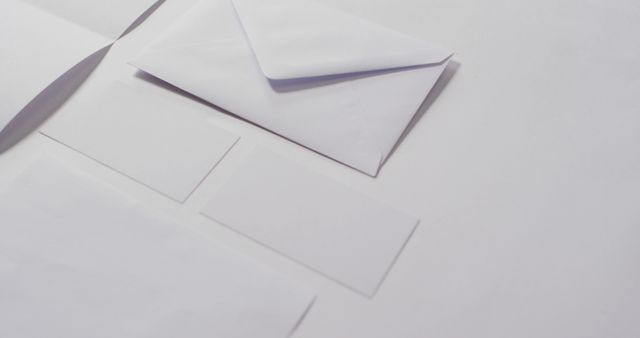 Image of envelope and white cards with copy space on white background. communication and tradition concept.