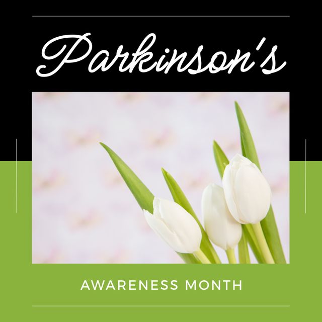 Composition of parkinson's awareness month and white tulips on black and green background. Parkinson's awareness month and healthcare concept.