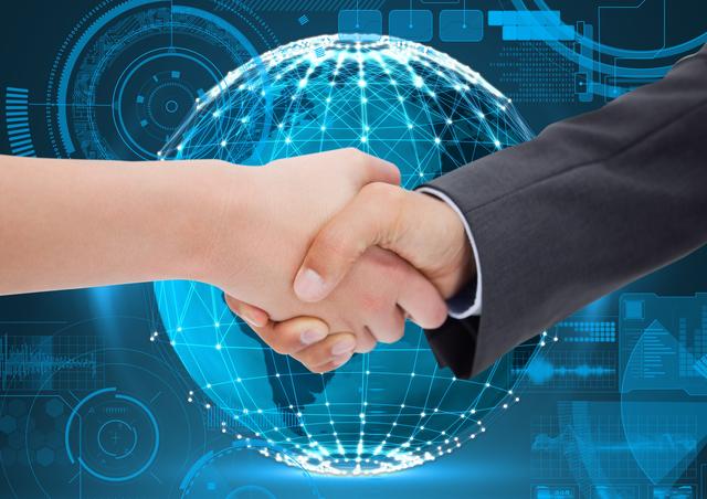 Business executives shaking hands against glowing sphere in background - Download Free Stock Photos Pikwizard.com