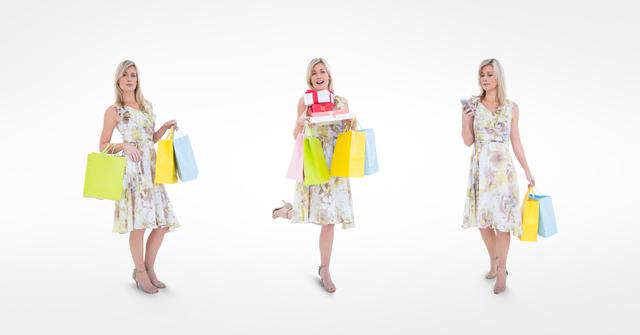Multiple image of shopaholic woman against white background - Download Free Stock Photos Pikwizard.com