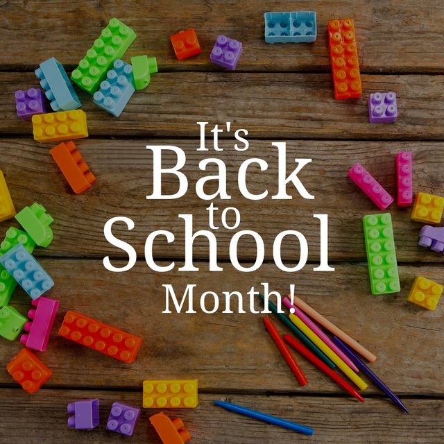 Composite of toy blocks with colored pencils and its's back to school month text on wooden table. toy, childhood, art, school supplies, stationery, education and school concept.