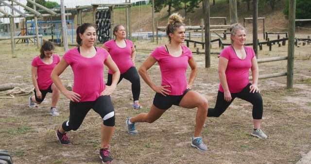 Diverse group of happy female friends cross training outdoors, stretching. Female fitness, challenge and healthy lifestyle.
