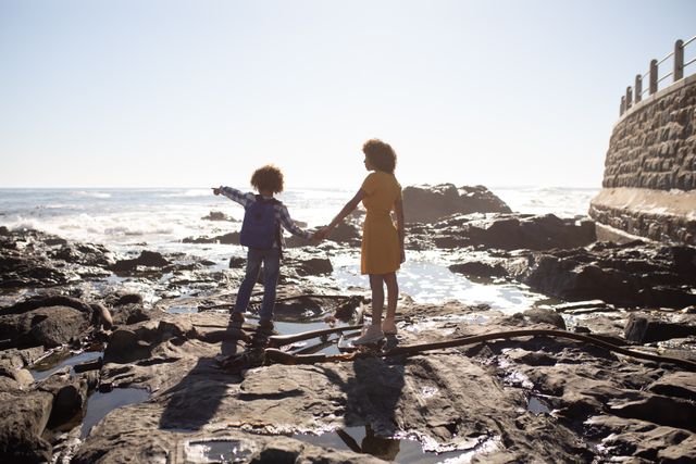 Rear view of a mixed race woman wearing a yellow dress and her son enjoying time together by the sea, holding hands and standing on the beach on a sunny day, the boy pointing to the distance