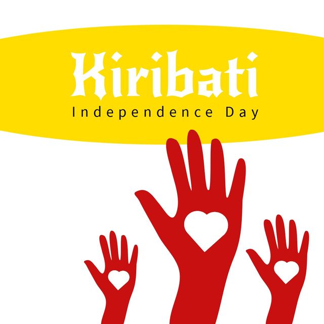 Illustration of kiribati independence day text with hands and heart shape patterns, copy space. vector, patriotism, celebration, freedom and identity concept.