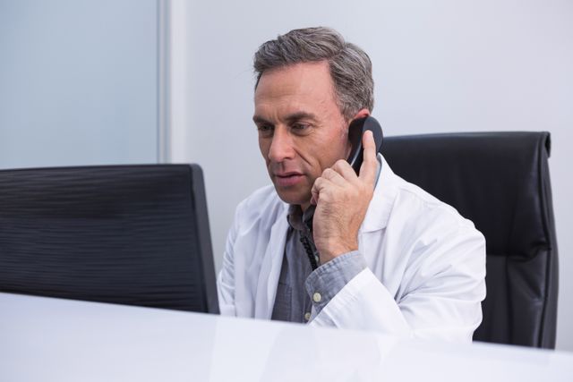 Dentist talking on phone while sitting by computer - Download Free Stock Photos Pikwizard.com