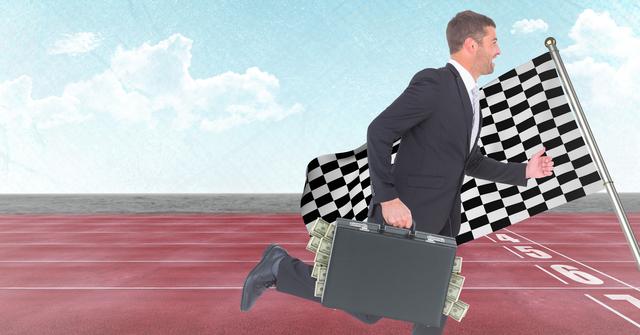 Business man with money sticking out of briefcase on track against sky and checkered flag - Download Free Stock Photos Pikwizard.com