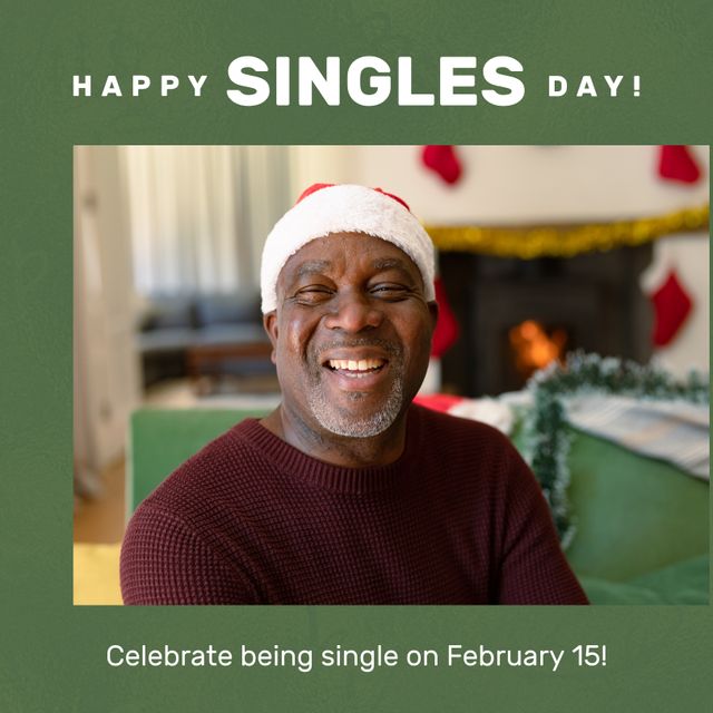 Happy singles day and celebrate being single on february 15 text, happy senior man wearing santa hat. Digital composite, retirement, christmas, african american, awareness, holiday, love concept.