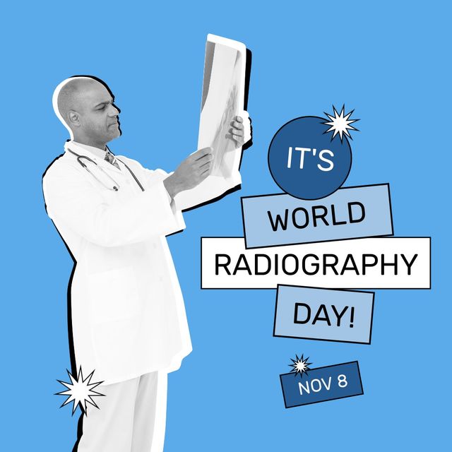 Composite of biracial bald male doctor checking x-ray with it's world radiography day and nov 8 text - Download Free Stock Templates Pikwizard.com