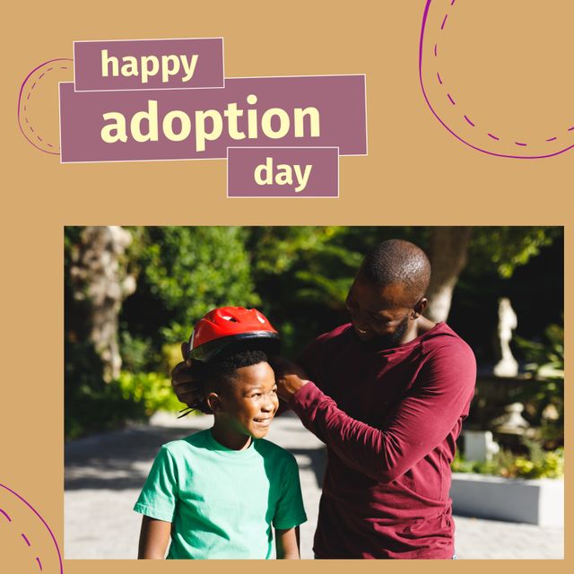 Composition of happy adoption day text with african american man and his son. Adoption day and celebration concept digitally generated image.