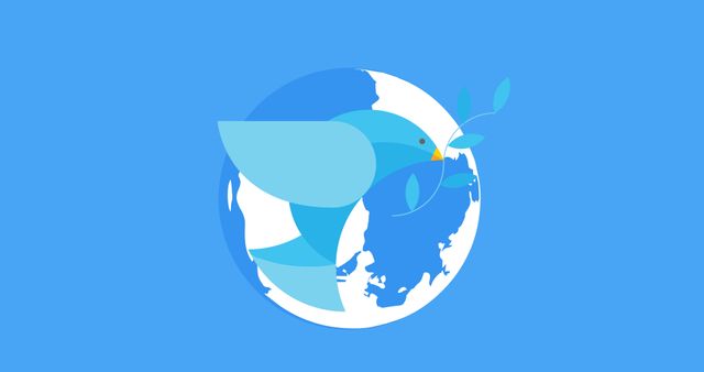 Vector image of bird with twig and globe on blue background, copy space. Illustration, international day of peace, avoid war and violence, celebration, hope, kindness, support.
