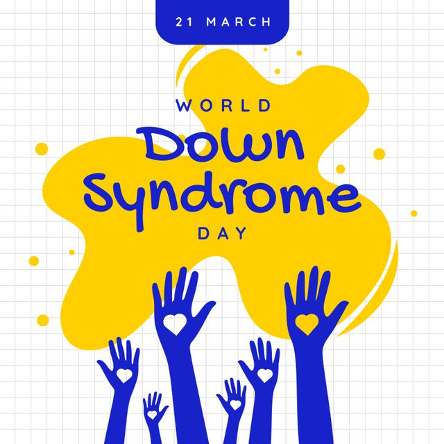 Composition of world down syndrome day text over yellow blob on squared paper background. World down syndrome day and learning difficulties awareness concept digitally generated image.