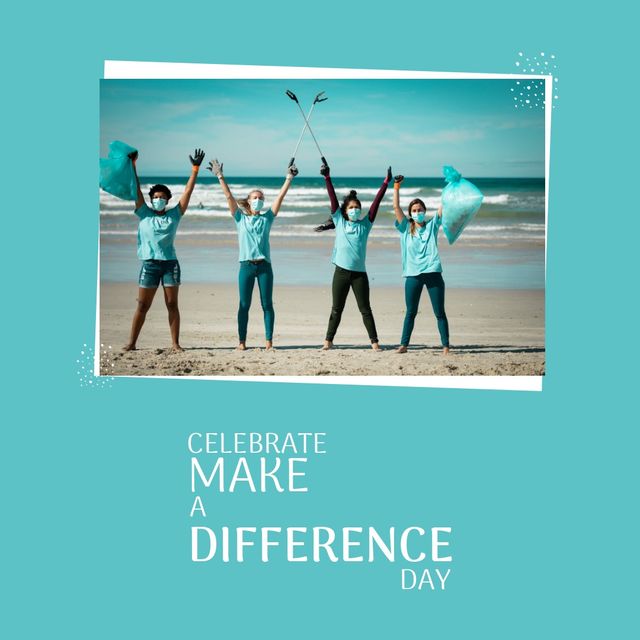 Image of make a difference day over photo with diverse women in face mask and rubbish. Make a difference day, recycling and eco awareness concept.