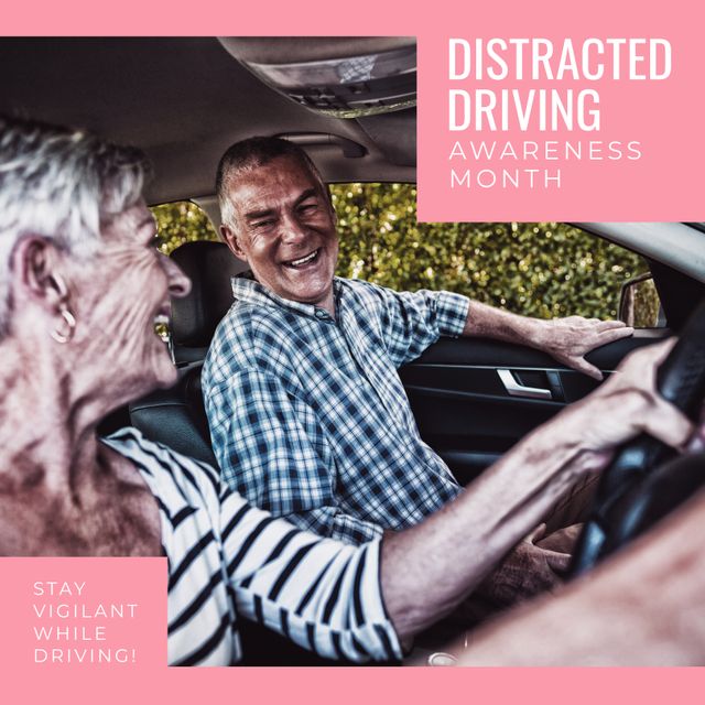 Composition of distracted driving awareness month text over senior caucasian couple driving car. Distracted driving awareness month concept digitally generated image.