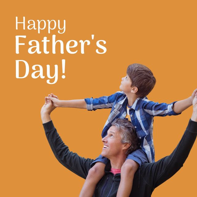 Digital composite image of happy father's day text by caucasian father carrying son on shoulders. family, togetherness, lifestyle and celebration concept.