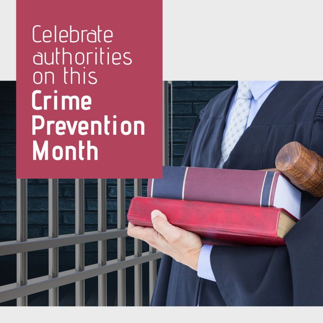 Midsection of caucasian lawyer with books and celebrate authorities on this crime prevention month. Text, composite, legal system, law, protection, awareness and alertness concept.