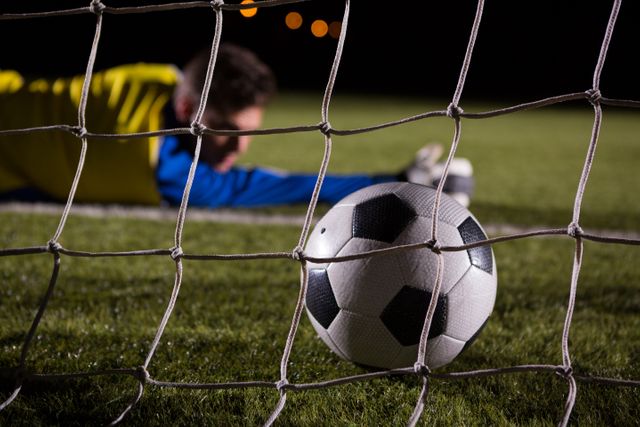 Close-up of soccer ball in goal post against goalkeeper - Download Free Stock Photos Pikwizard.com