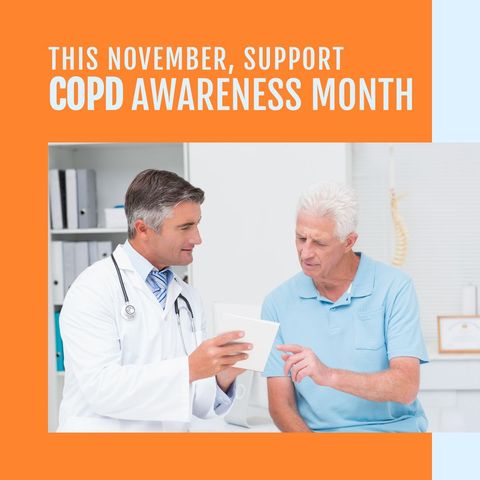 Composition of copd awareness month text over caucasian male doctor talking with patient. Copd awareness month and celebration concept digitally generated image.