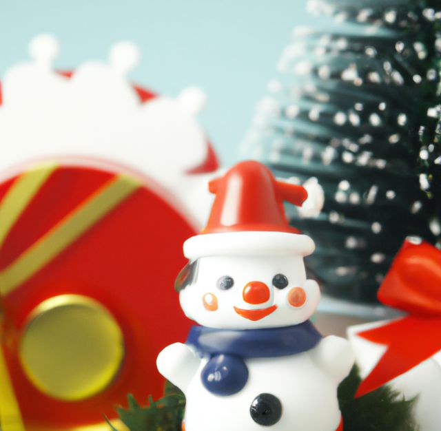 Close up of christmas decorations with snowman on blurred background. Christmas, tradition and celebration concept.