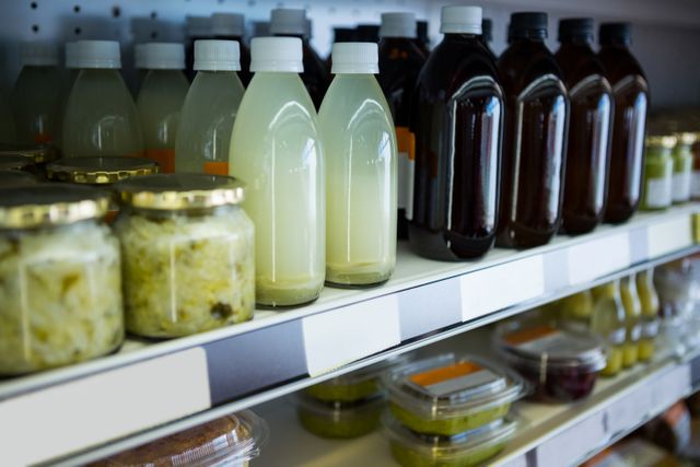 Variety of healthy juices and jars of sauerkraut on display shelf in supermarket