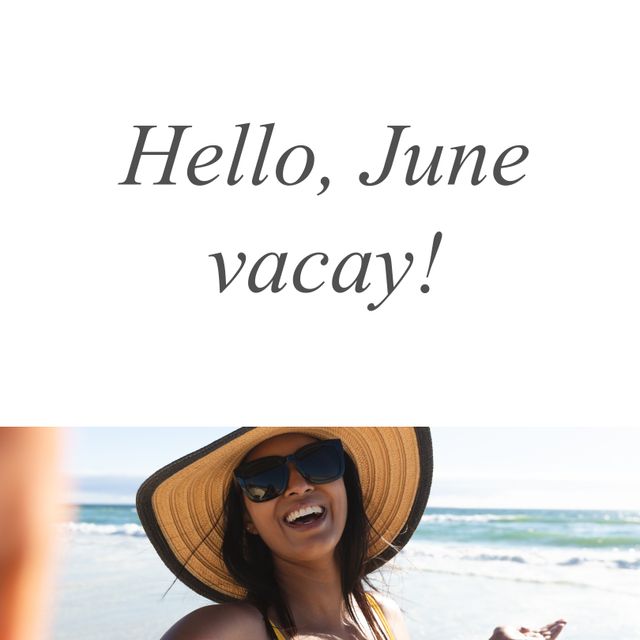 Composition of june bank holiday text over biracial woman in sunhat on beach. June bank holiday, summer and vacation concept digitally generated image.