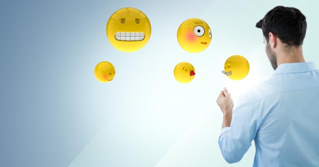 Back of man with emojis and flare against blue background - Download Free Stock Photos Pikwizard.com