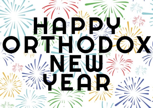 Vector image of happy orthodox new year text with colorful fireworks display on white background - Download Free Stock Photos Pikwizard.com