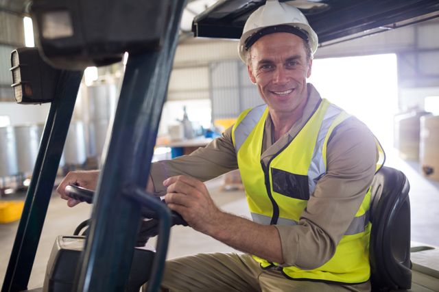 Portrait of happy worker driving forklift - Download Free Stock Photos Pikwizard.com