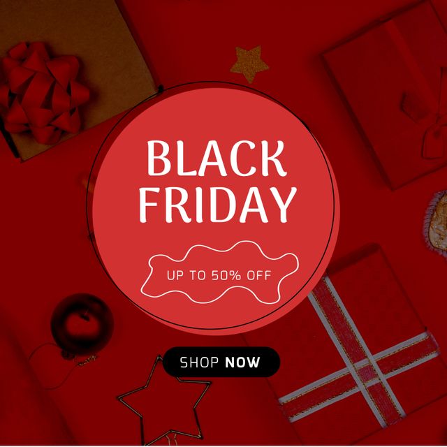 Composition of black friday up to 50 percent off shop now text over presents on red background. Black friday, shopping and retail concept digitally generated image.