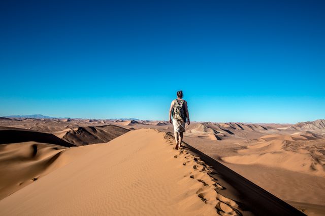 Rear view of man walking in the sand dunes. Travel and vacation concept