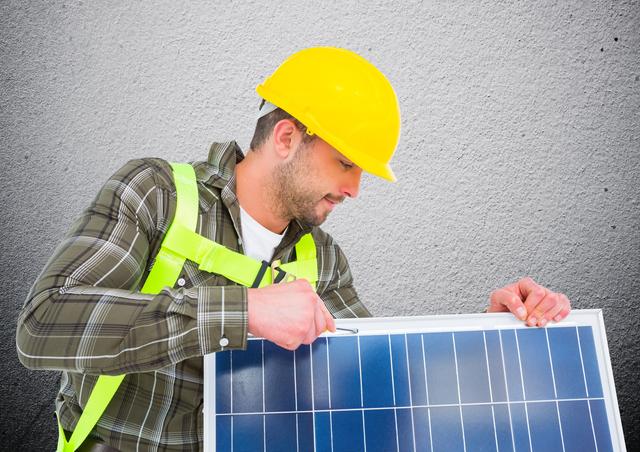 Composite image of man fixing solar panel - Download Free Stock Photos Pikwizard.com