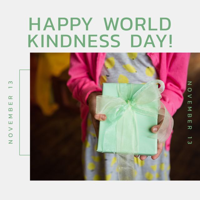 Square image of world kindness day text in green and hands of girl holding wrapped gift. World kindness day, love, care, awareness and celebration concept digitally generated image.