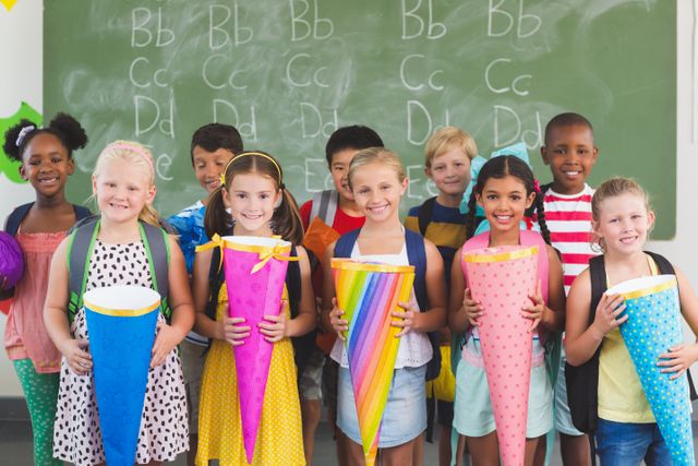 Happy kids holding gifts in classroom - Download Free Stock Photos Pikwizard.com