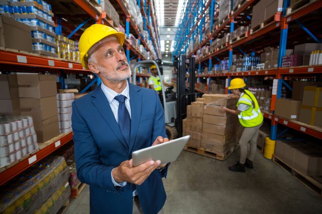 Warehouse manager using digital tablet in warehouse