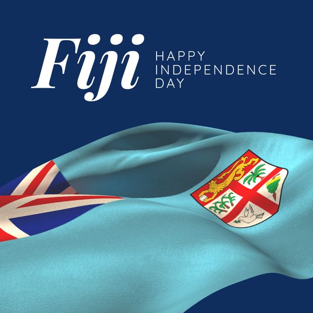 Illustrative image of fiji happy independence day text and fiji national flag over blue background. Copy space, vector, patriotism, celebration, freedom and identity concept.