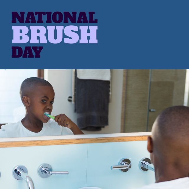 Composition of national brush day text over african american boy brushing teeth. National brush day and celebration concept digitally generated image.