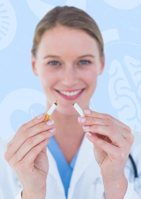 Digital composite image of female doctor holding broken cigarette
