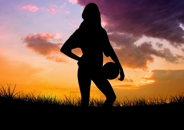Silhouette of woman holding ball on meadow against sky background - Download Free Stock Photos Pikwizard.com