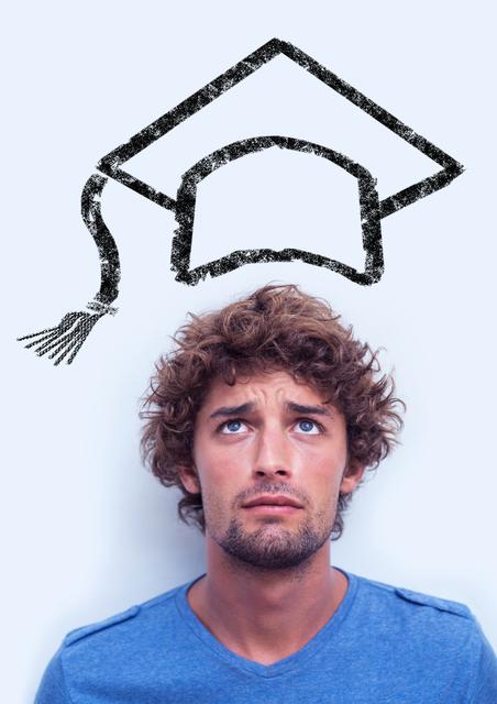 Tensed man with mortarboard above head against white background - Download Free Stock Photos Pikwizard.com