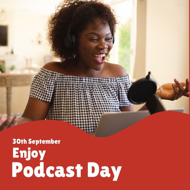 African american cheerful young woman recording podcast at home and 30th september enjoy podcast day. Text, copy space, microphone, broadcasting, communication, media and technology concept.