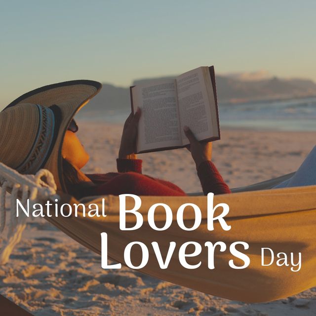 African american woman reading book on hammock at beach and national book lovers day text. digital composite, vacation, hobby, learning, knowledge, bibliophilia, literature and celebration concept.