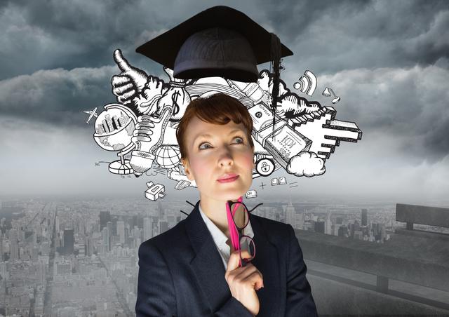 Thoughtful businesswoman with graduation cap against cityscape in background - Download Free Stock Photos Pikwizard.com