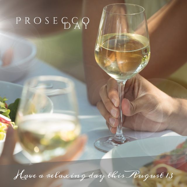 Digital composite image of cropped hands holding wineglasses with prosecco day text at lunch party - Download Free Stock Templates Pikwizard.com