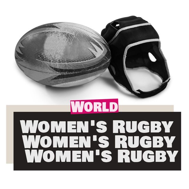 Helmet and rugby ball with women's rugby text on white background. Digital composite, studio shot, safety, sport, athleticism, team sport, rugby ball, event, league, text and competition.