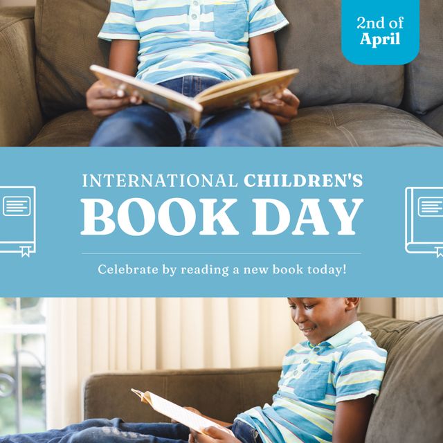 Composition of international children's book day text with african american boy reading book. International childrens's book day concept digitally generated image.