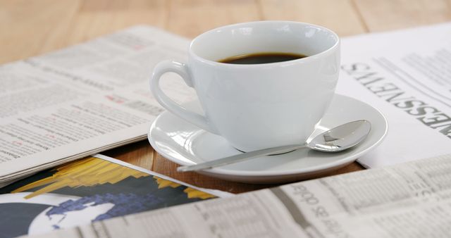 A white coffee cup sits on a saucer next to an open newspaper on a wooden table, with copy space - Download Free Stock Photos Pikwizard.com