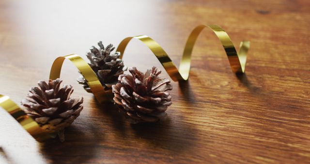 Image of christmas decorations with pine cones and copy space on wooden background - Download Free Stock Photos Pikwizard.com