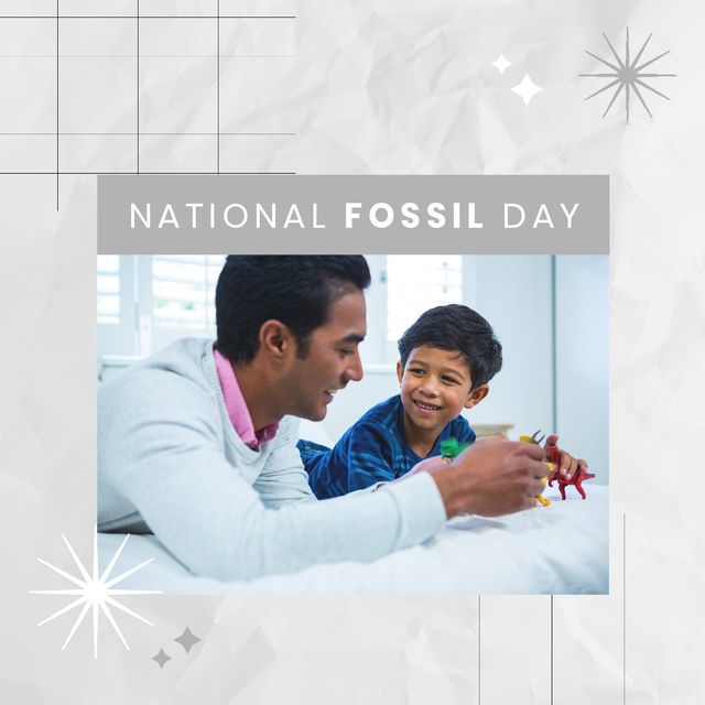 Biracial man showing dinosaur toys to smiling biracial son while lying on bed. Family, digital composite, playing, fossil, paleontology, history, extinct, together, discovery and national fossil day