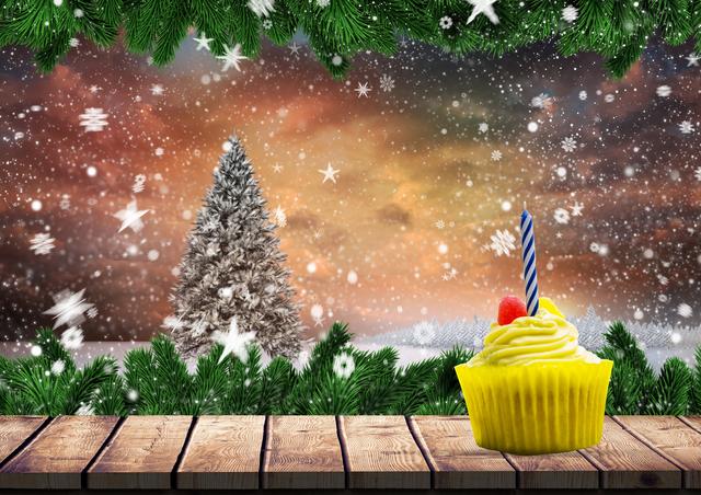 Cupcake on wooden plank against Christmas background - Download Free Stock Photos Pikwizard.com